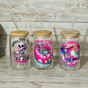 Vibrant Skeleton Glass Tumbler Set with Bamboo Lids